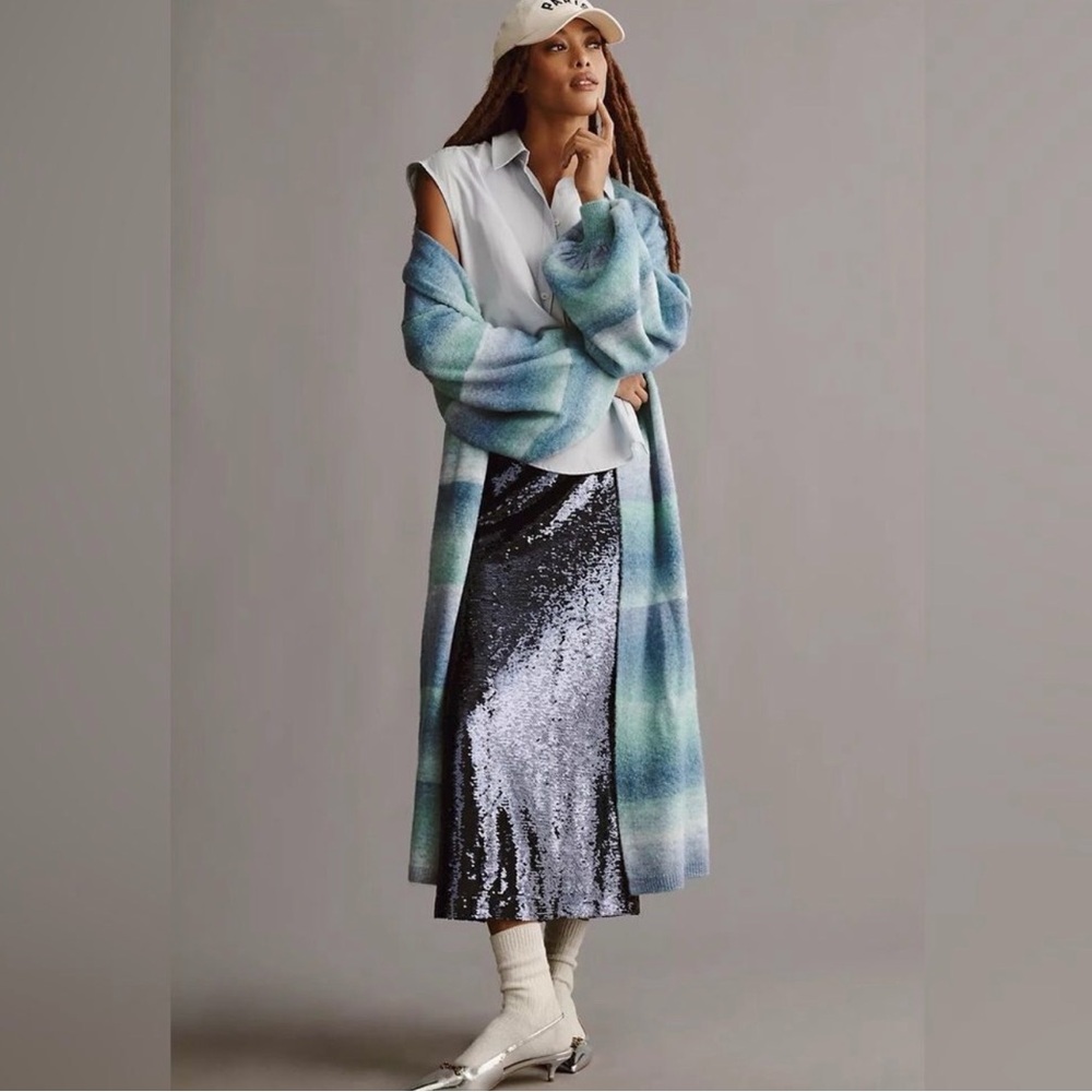 Anthropologie Blue & Green Ombré Stripped Cozy Knit Maxi Open Cardigan One Size